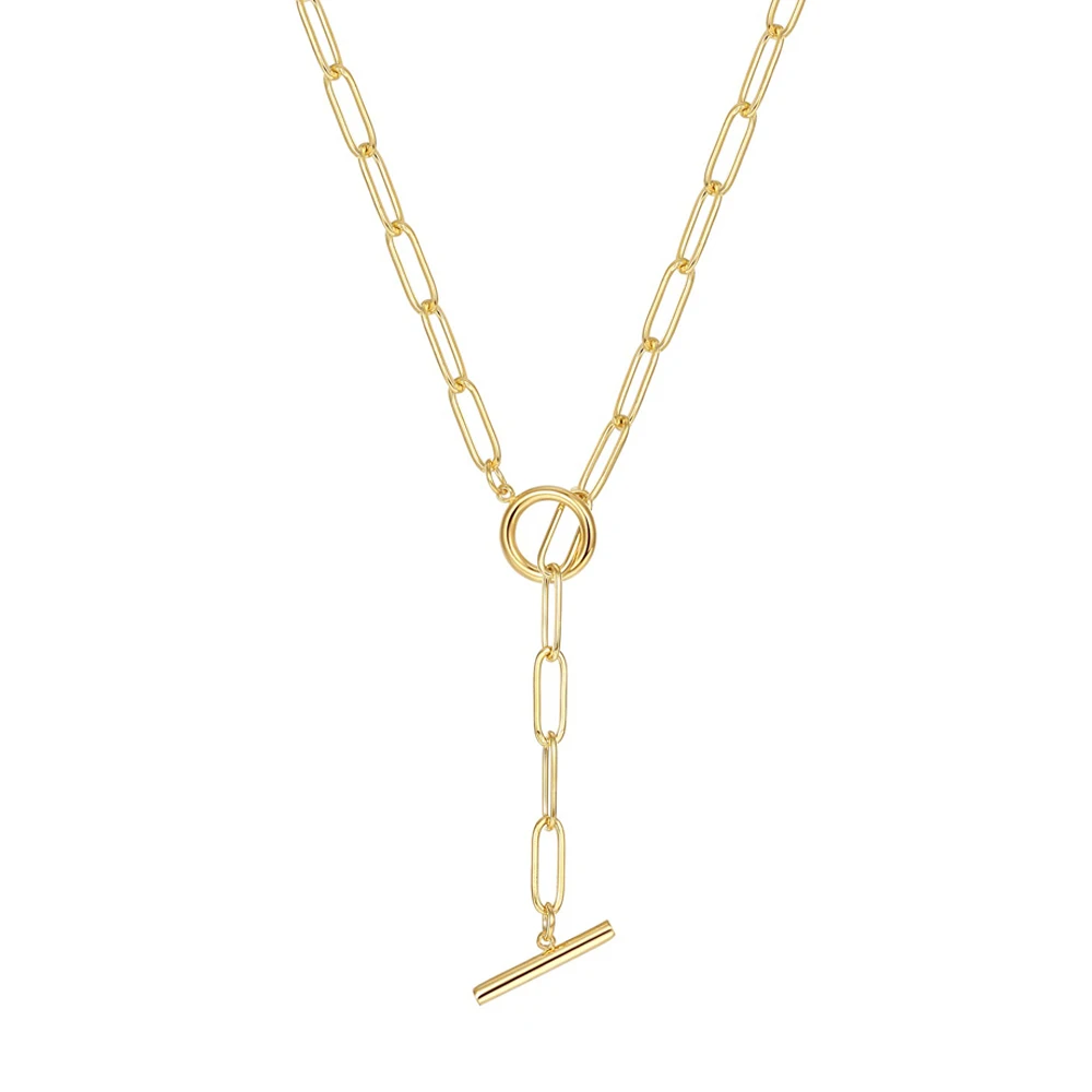 

Trendy Stainless Steel 18k Gold Plated Thin Chain OT Choker T-Bar Pendant Necklace Clavicle Chain Gold