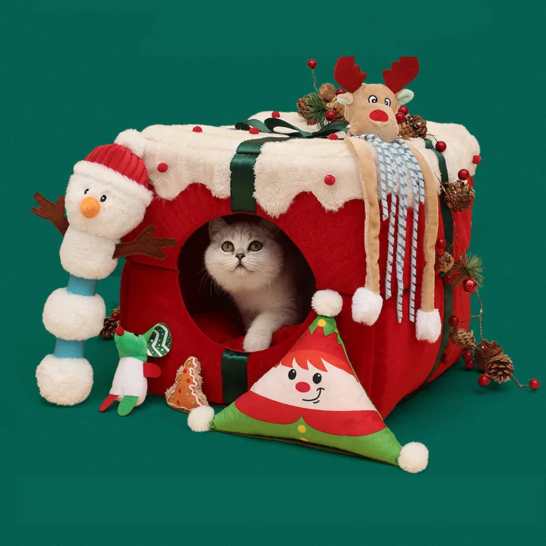 

Cat Bed Festival Cube Pet Cat House Cave Bed Modern Luxury Christmas Sponge Condos Cat Dog Bed, Red
