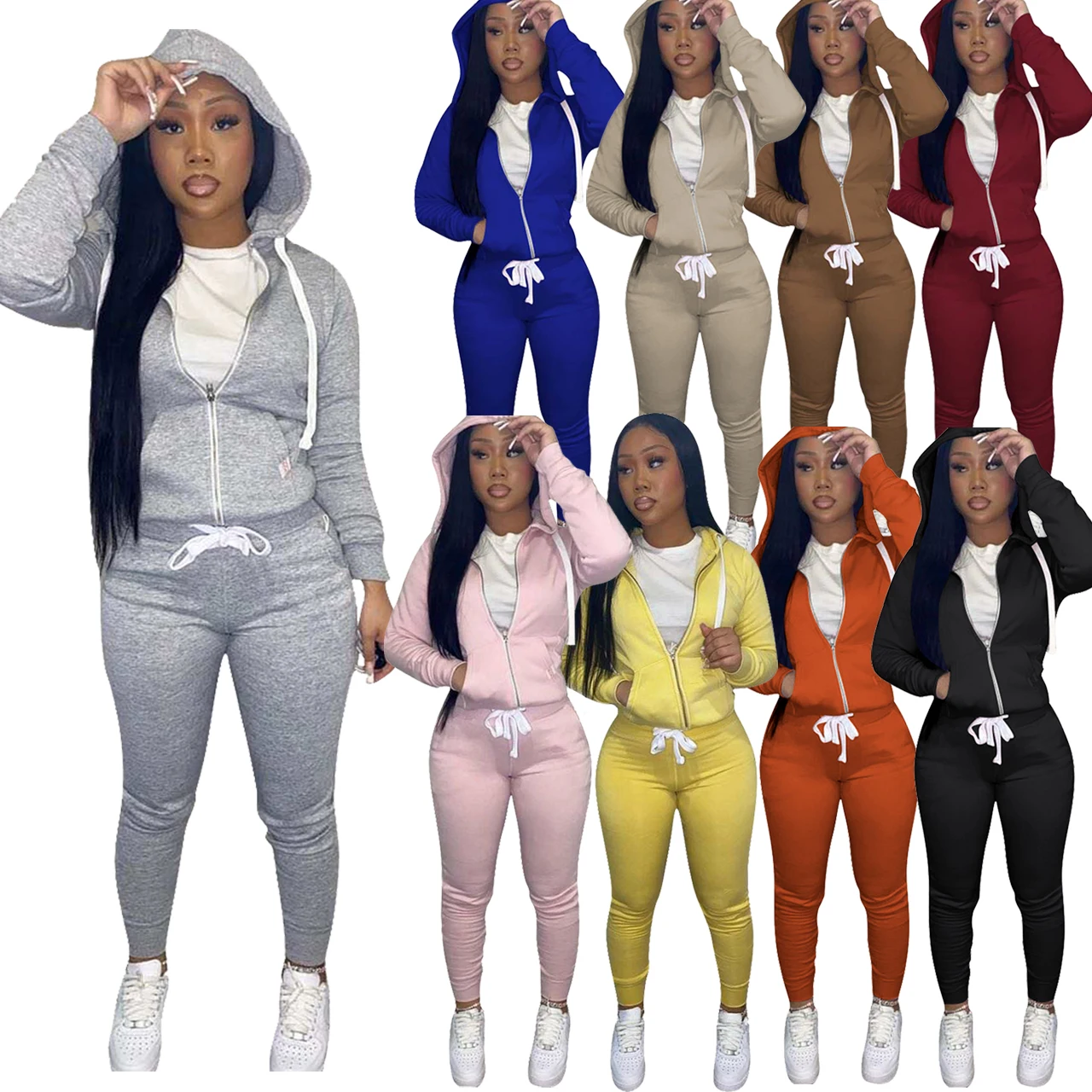 

New Arrival Ladies Jogger Set Long Sleeve Hooded Sweatersuit Drawstring Fall Women Two Piece Pants Set
