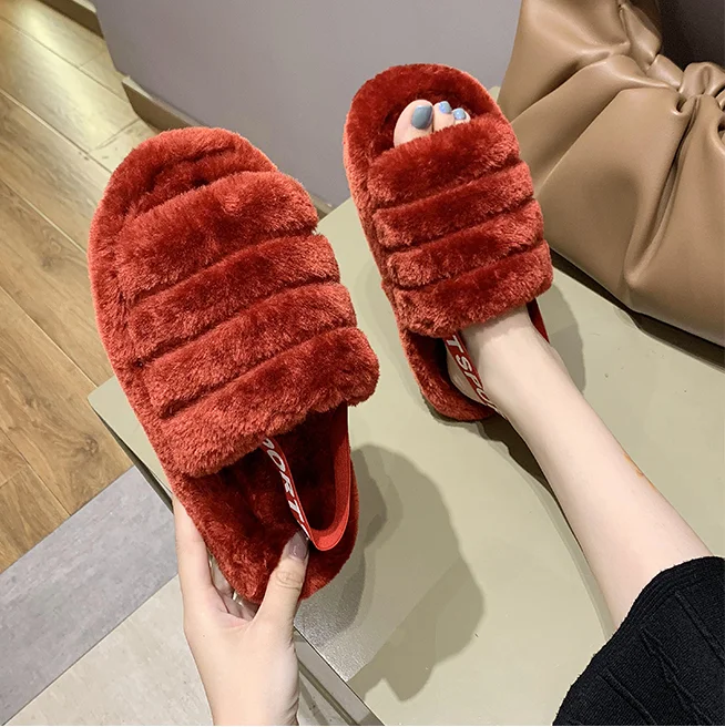 

Wholesale Factory Best Price solid red color wool slippers for women fluff yeah slides for lady,designer slides famous brands