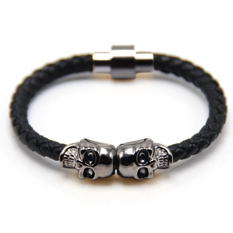 

European and American new accessories punk leather woven magnetic buckle Skull Bracelet available