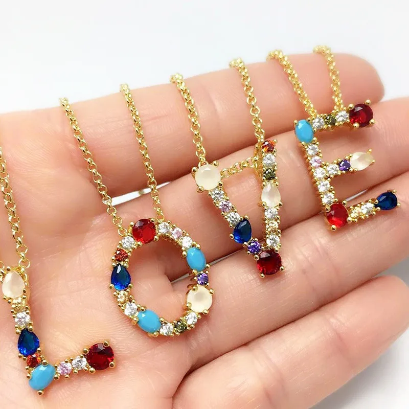 

Boho jewelry multi colored cubic zirconia necklace luxury letter gold name long alphabet hip hop rainbow initial necklace