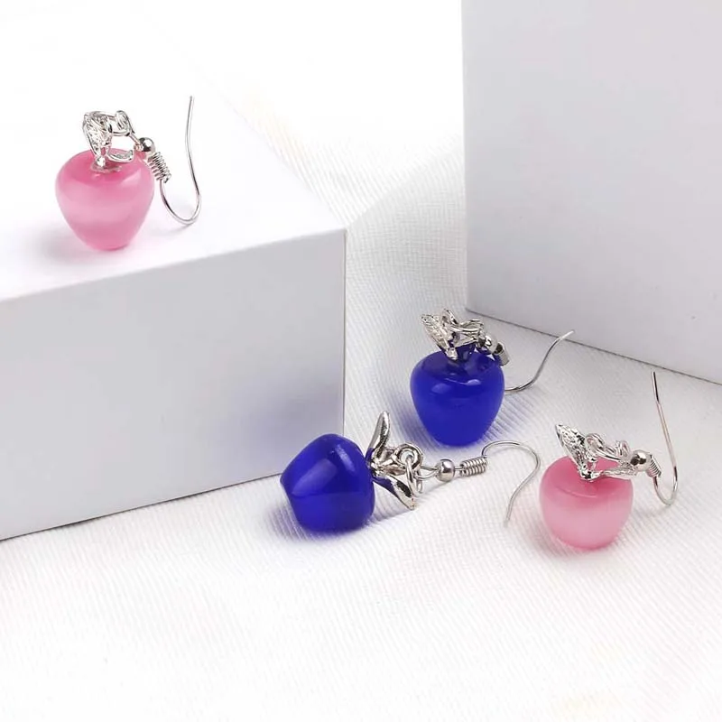 

Fashion cat's eye opal fruit drop dangling earrings cute apple earrings for women and girls party wedding jewelry wholesale