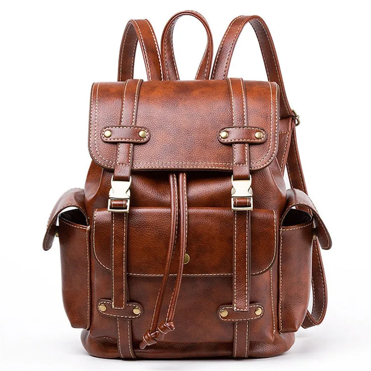 

Vintage Leather Backpack Women Fashion Drawstring Rucksack School Travel Bag For Teenage Girls mochilas knapsack, Black brown