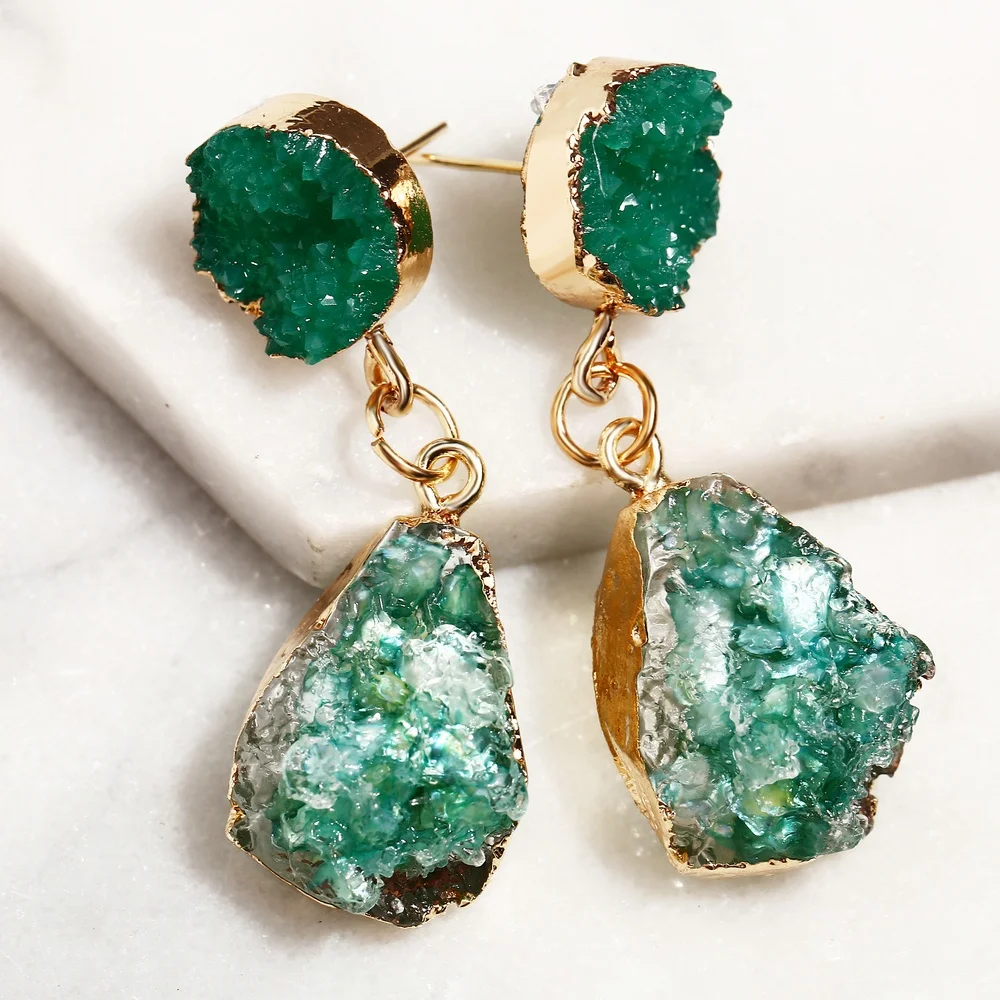 

19070423 High Quality Colorful Druzy Stone Drop Earrings Simple Style Geometric Round Resin Quartz Stone Dangle Earrings