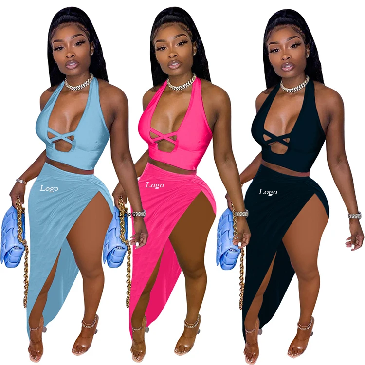 

summer 2021 new women solid color halterneck cross top and hollow out dress womens 2 pc sets outfits