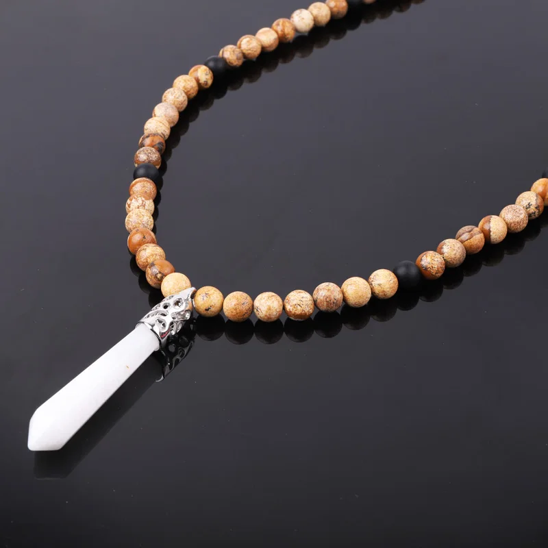 Hot Selling 8mm Natural Stone Healing Point Picture Jasper Pendant Matte Onyx Bead Men Jewelry Necklace