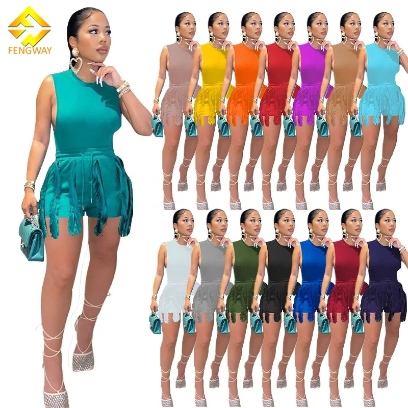 

Fengway Plus size woman sets clothing S-5XL sleeveless bodysuit top two piece set fringed tassel shorts pants set