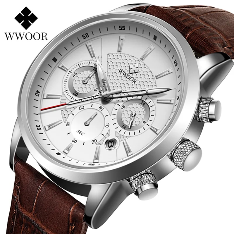 

WWOOR 8845 Men Watches Quartz Sports Chronograph Watches Relogio Masculino Leather Strap Band Quartz Wrist Watches for Mens