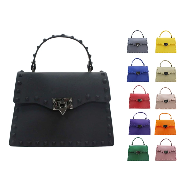 

2021 fashion ladies rainbow shoulder Jelly bag matte pvc bag rivet jelly purse handbags for women luxury Jelly purses