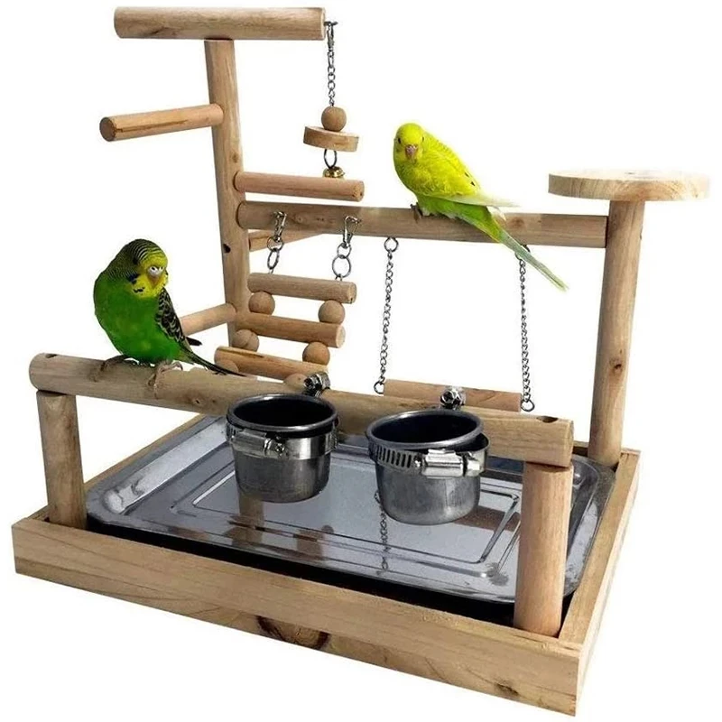 

Pet Parrot Play Stand with Cup Bird Toys Tray Swing Climbing Hanging Ladder Bridge Wood Cockatiel Playground Bird Perches Budgie, As shown