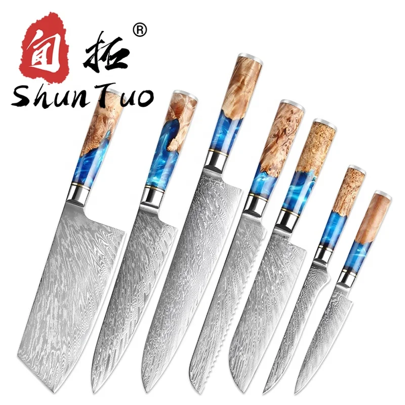 

amazon top seller Wholesale japanese 7pcs colored handle kitchen chef steak stainless steel damascus knife set