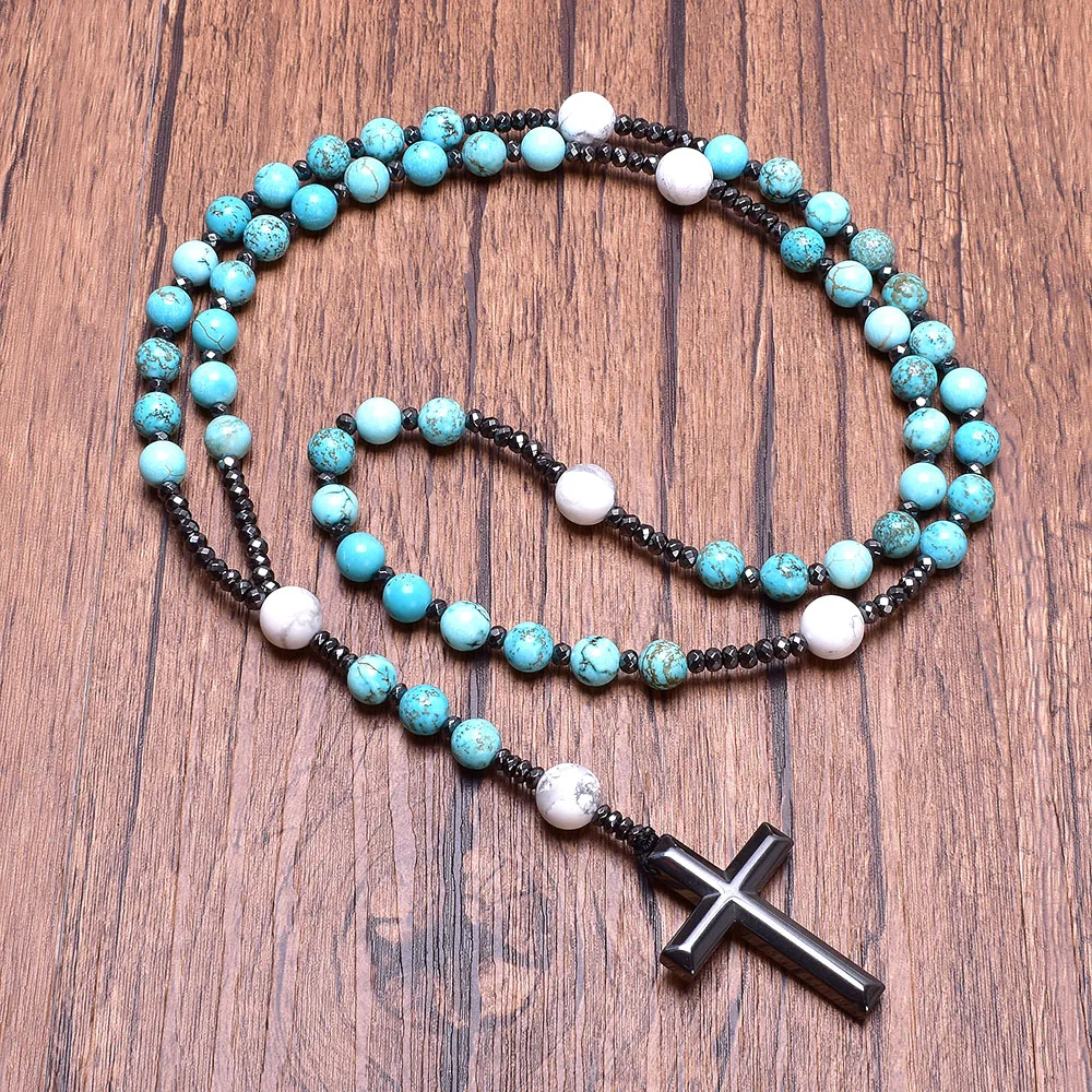 Natural Turquoise Howlite Rosary Cross Necklace Hematite Cross Stone Protection Catholic Gift Christian Jewelry Religious Rosary