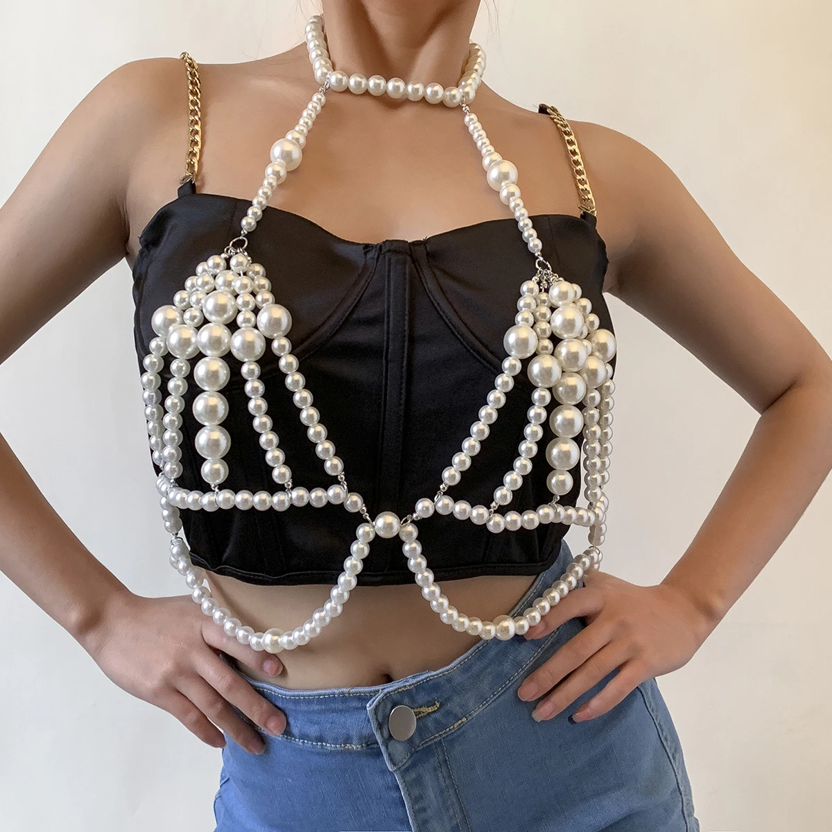 

SHIXIN Trendy Bra Pearl Beaded Breast Chain Sexy Baroque Pearl Woven Top Body Chain Jewelry Adjustable Party Bikini Chain Women