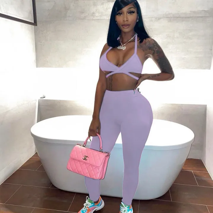 

Women Fitness Two-piece Yogawear Set Sexy Lace Up Bra High Waist Leggings Top Push Up Backless Fashion Sports Casual Wear