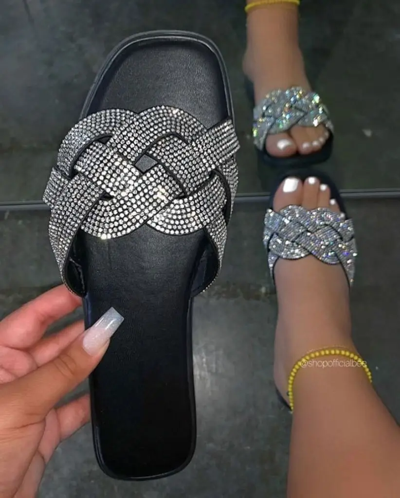 

New Design Luxury Glitter summer Diamond Woman Sandal ladies bling slippers for women's flats
