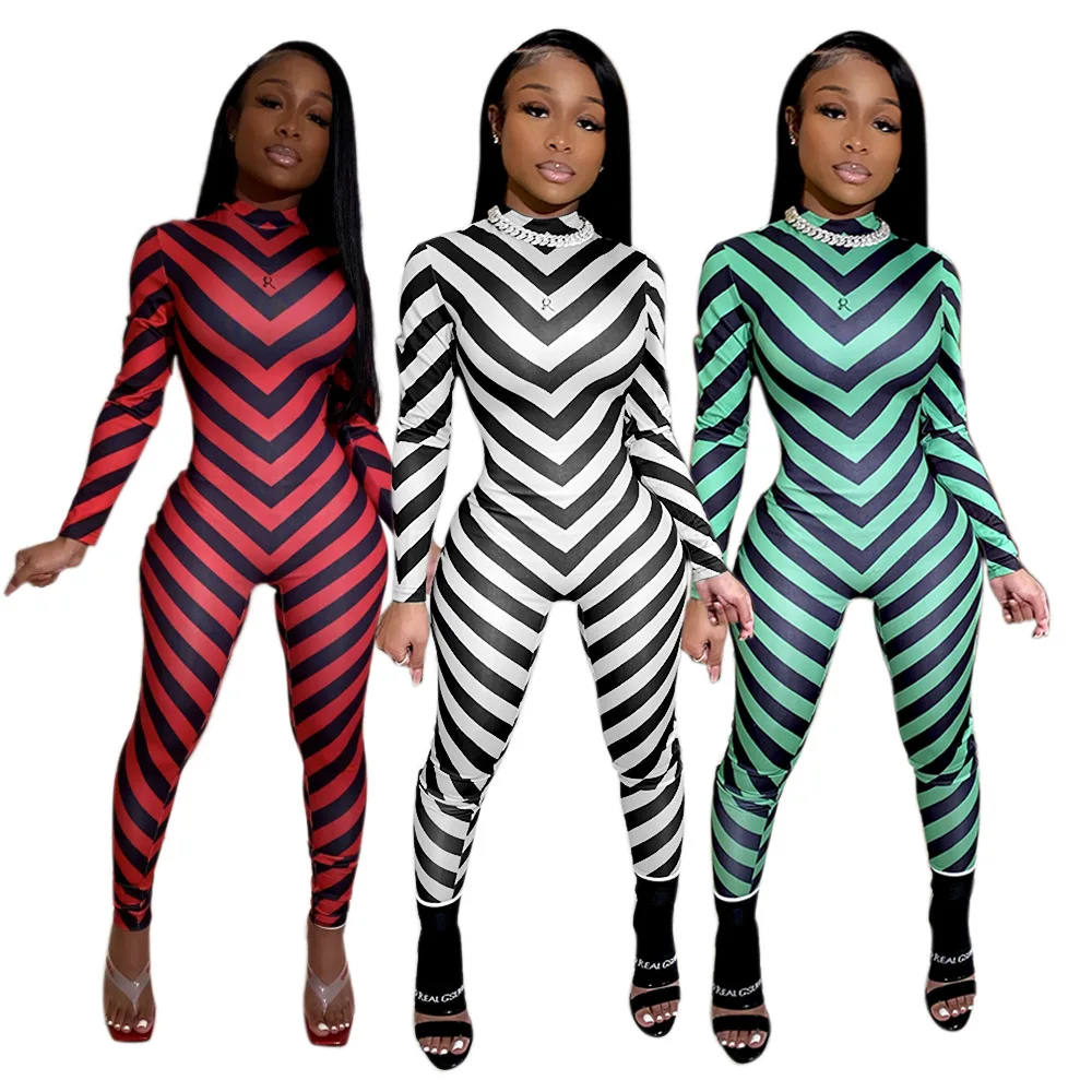 

New Design Summer Women Rompers 2021 Fashion Stripe Bodycon Jumpsuit Casual Slim Fit Jumpsuits