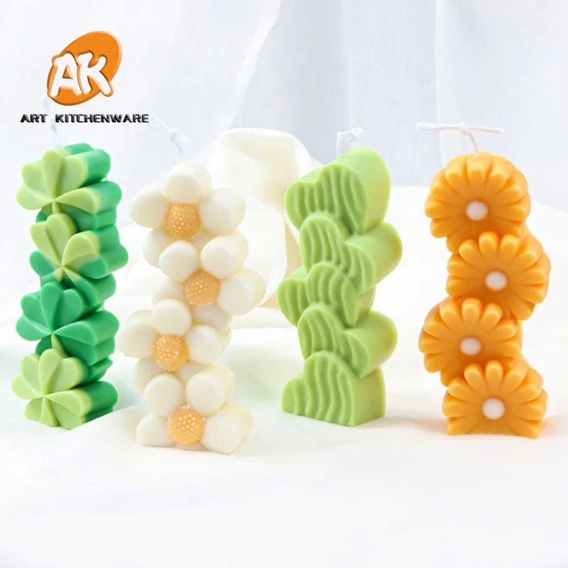 

AK 3D New Stacked Love Aroma Candle Mold Flower Four-leaf Clover Cactus Small Daisy Diffuser Stone Handmade Soap Plaster Mold