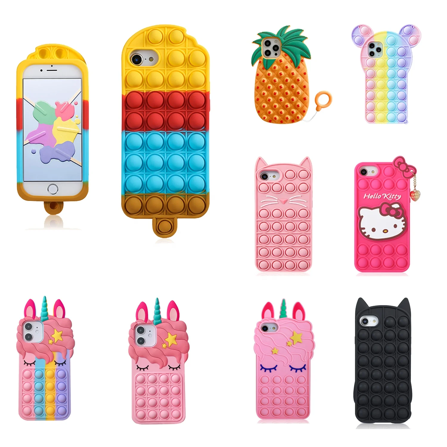 

Wholesale Amazon Hot Fit For Iphone 7-12 Pro Creative Silicone Soft Rainbow Telefoon Of Push Phone Case, Multiple colors