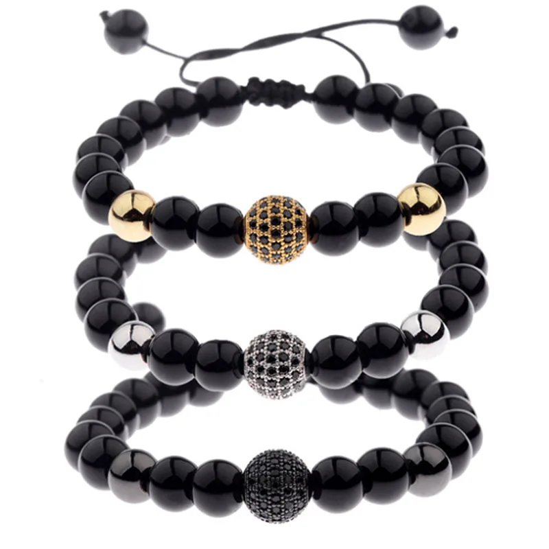 

Three color 8mm Natural Black Agate micro zircon jewelry bracelet for women