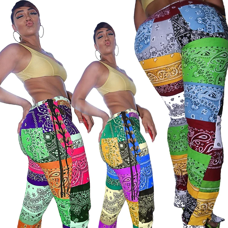 

Casual Color Block Printed Mid Waist Split Hem Pants For Womens, Blue,green,yellow,rose red