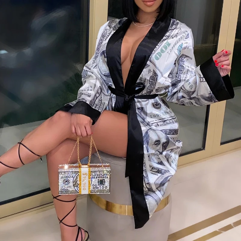 

LEVEL S390012 Women Silk Robes Sexy Money Print Loungewear Women Billion Bathrobe Money Robe