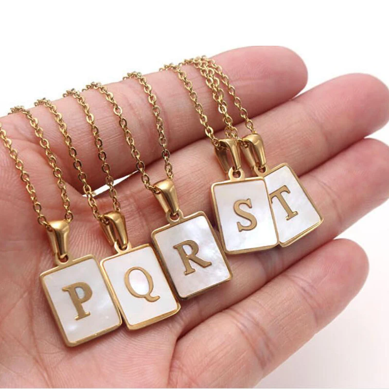 

18K Gold Filled Nickle Free A-Z Initial Shell Rectangle Pendant Necklace For Man