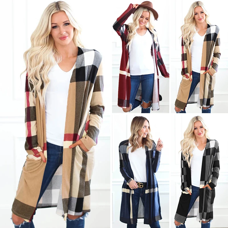 

2019 Autumn New Fashion Plaid Straight Knit Sweater Long Cardigan Mujer Women