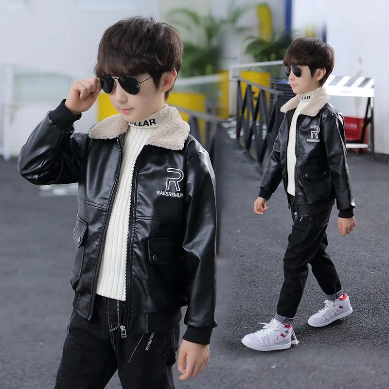 

Teenage big boys luxury coats winter lapel Thickened Letter pattern embroidered PU leather jacket toddler boy winter outerwear