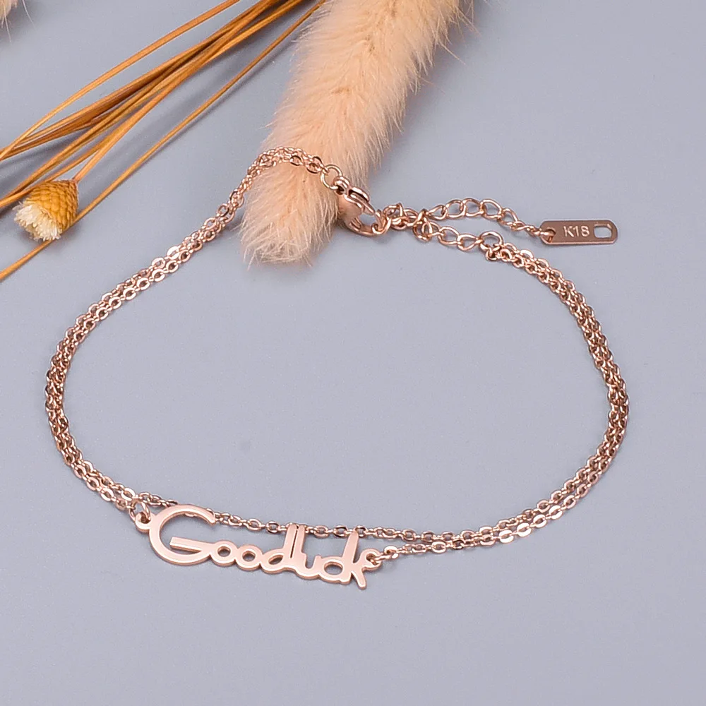 

Personalized Stainless Steel Double Chain Goodluck Letter Anklet Latest Customized Double Layer Letter Bracelet Foot Chain