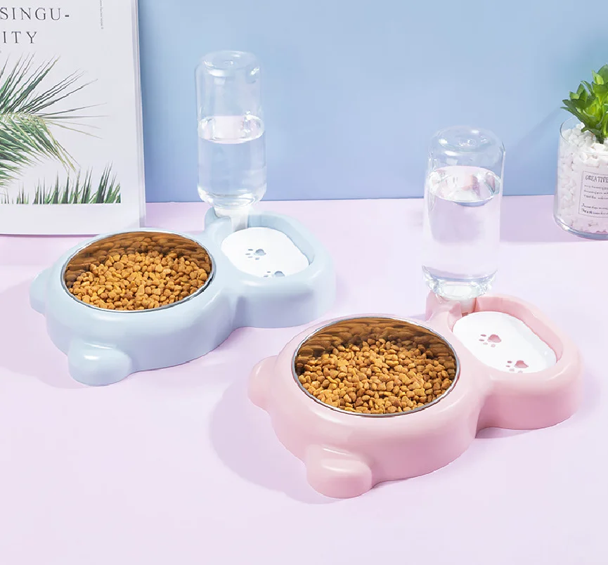 

Double Dog Cat Bowls Water and Food Bowl Set with Detachable Stainless Steel Bowl Automatic Water Dispenser Bottle Pet Feeder