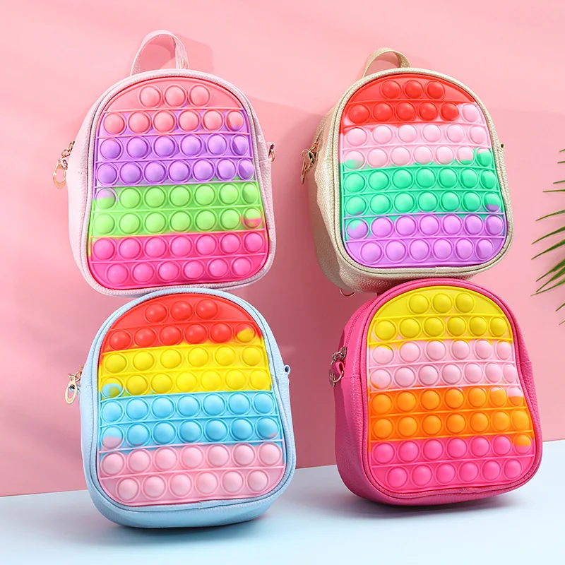 

New fashion Kids Rainbow Fidget Toys Push Bubble School Book silicone Students Shoulder Bag Bookbags pop it Backpack, 6 color
