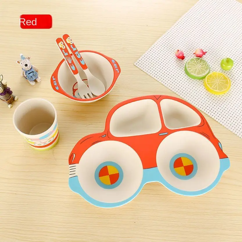 

China OEM Factory Wholesale Bamboo Fiber Tableware Children's Eco-Friendly Beetle Car Fork Spoon Bowl Cup Plate Five Piece Set