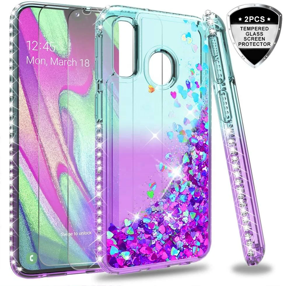 

LeYi Liquid Bling Diamond Cute Clear Phone Case For Samsung Galaxy A40 Case with Tempered Glass Screen Protector[2 pack]