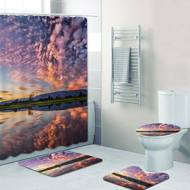 

180x180cm can be customized simple fire cloud partition bathtub shower curtain bathroom non-slip floor mat four-piece toilet set, Picture