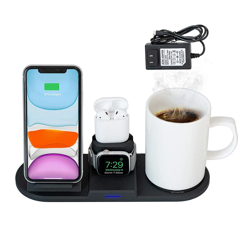 

Coffee Mug Warmer Wireless Charger 4 in 1 Wireless Charging Stand Dock Station Desk Cup Heater Compatible With iPhone 11 Pro M, Black. customized