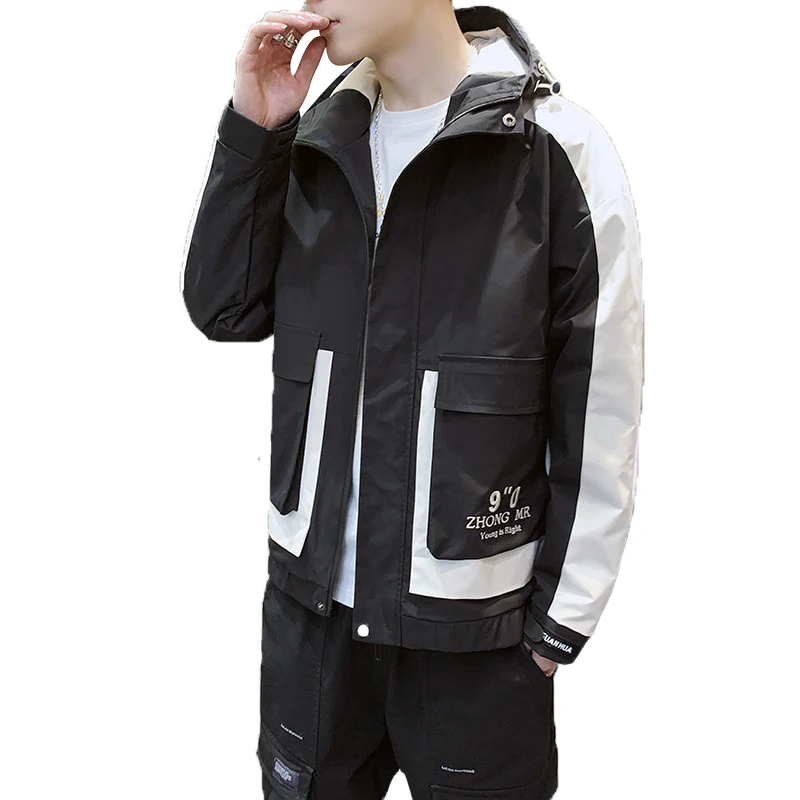 

2020 man's jacket hood with black white two color men's waterproof jacket