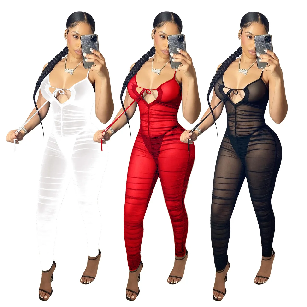 

F21789A New Arrival Amazon women's casual V-neck pleated see-through mesh tight sexy jumpsuits, White, red, black