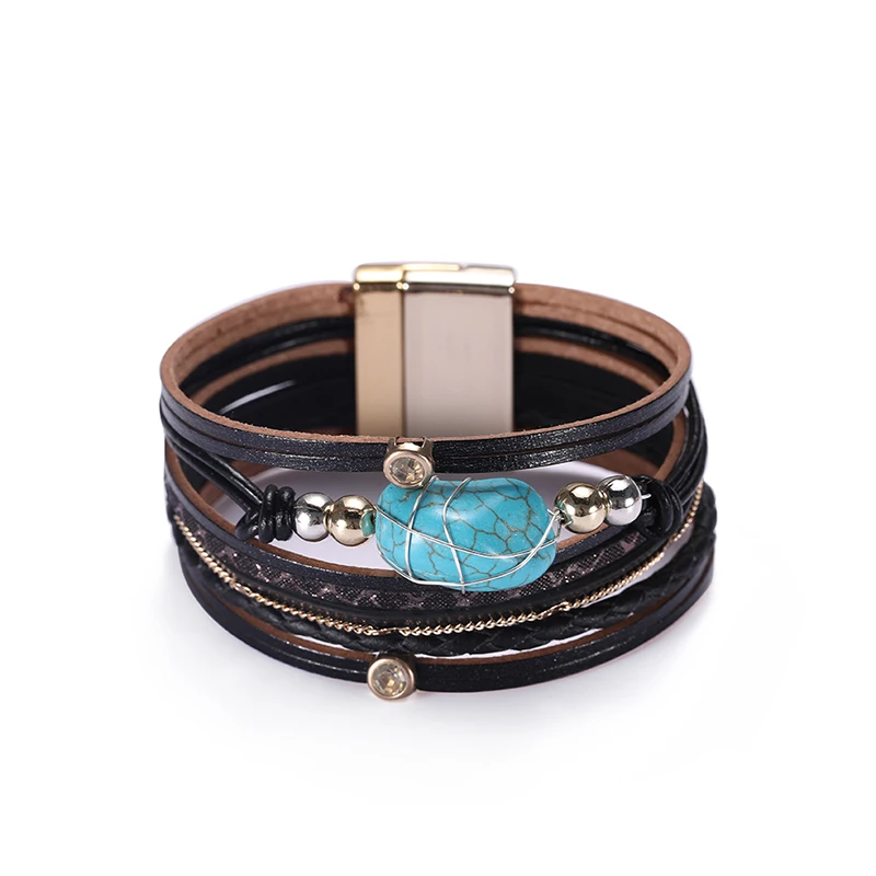 

2020 Hot Style Magnetic Clasp Turquoise Multi-layer Cowhide Leather Bracelet Zircon Set Retro Bracelet