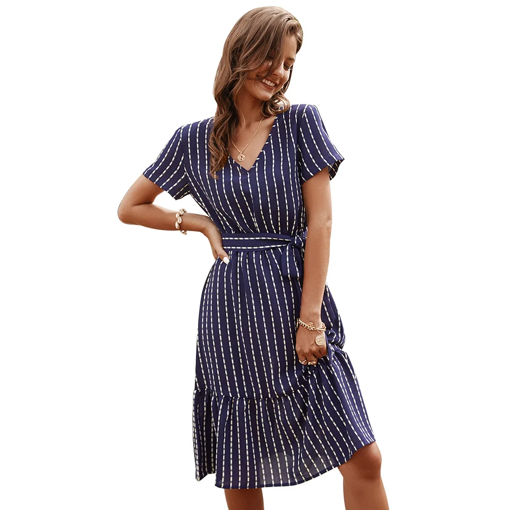 

2021 Summer Elegant Women's Fashion Striped V Neck Ruffles Dress Casual Sweet New Short Sleeve Knee-length Dress