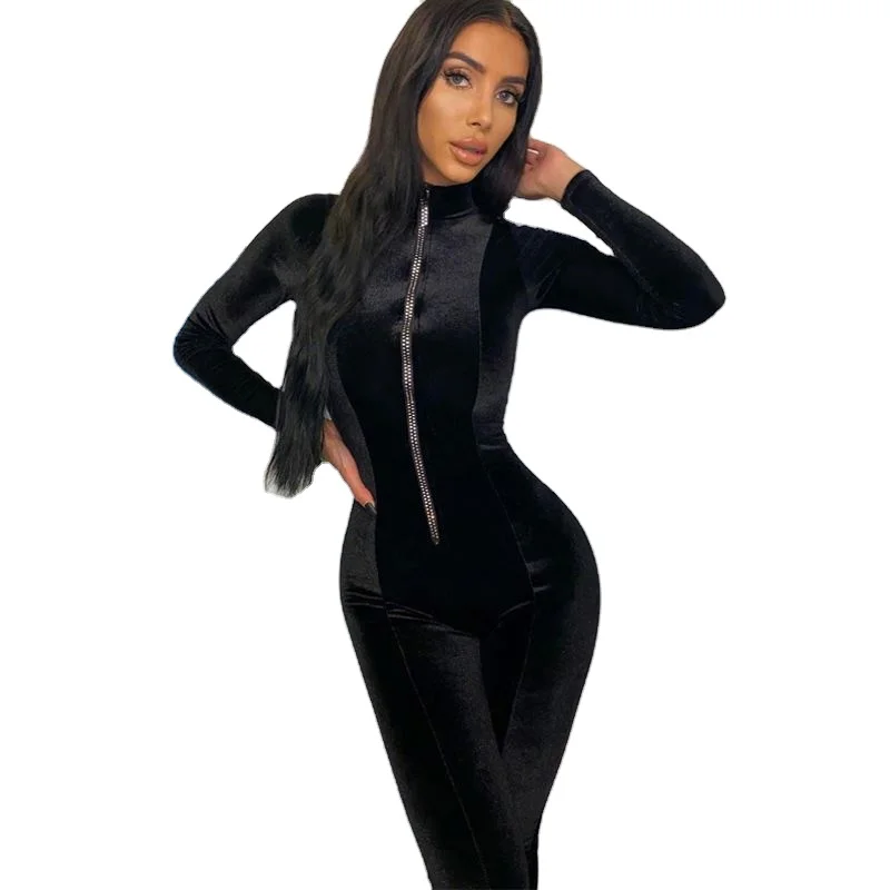 

wholesale fall and winter Party wear solid color long sleeve one Piece velvet jumpsuit woman 2020