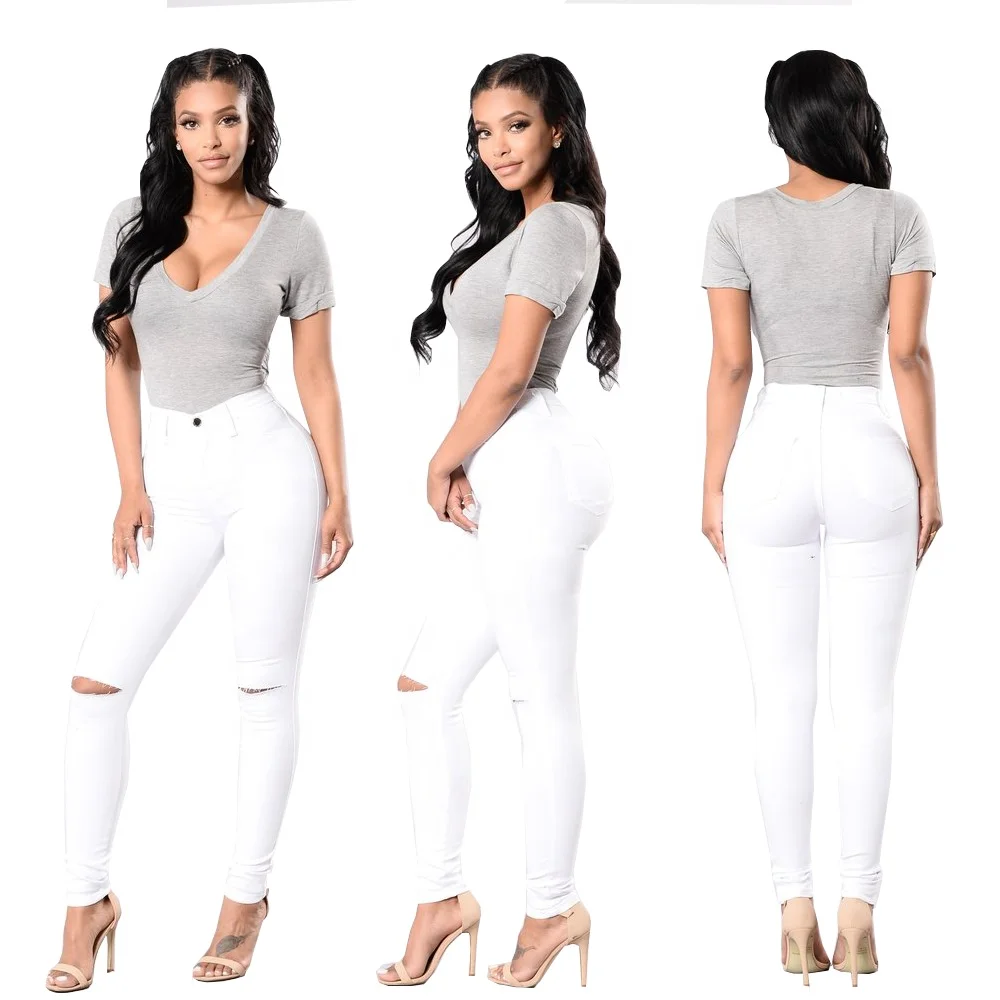 

Skinny Ripped Denim Custom Fashion Sexy Jeans Pencil Pants Black White Women Jeans
