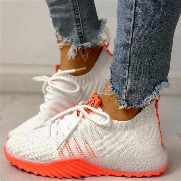 

Colorblock Breathable Knitting Women's Tennis Shoes Lace Up Fashion Woven Air Cushion Sneakers Sports Running Shoes, White orange,black orange,white green,black green