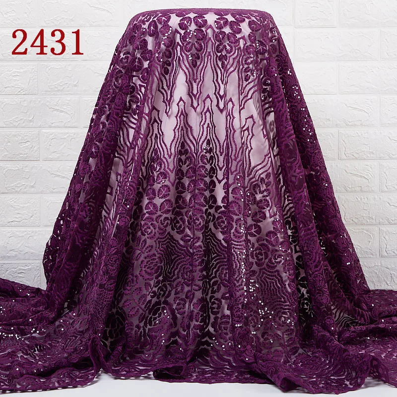 

2431 Purple Milk Silk Lace Fabric With Heavy Sequins Nigerian Embroidery Flower Mesh Lace Fabric For Dress, Cupion