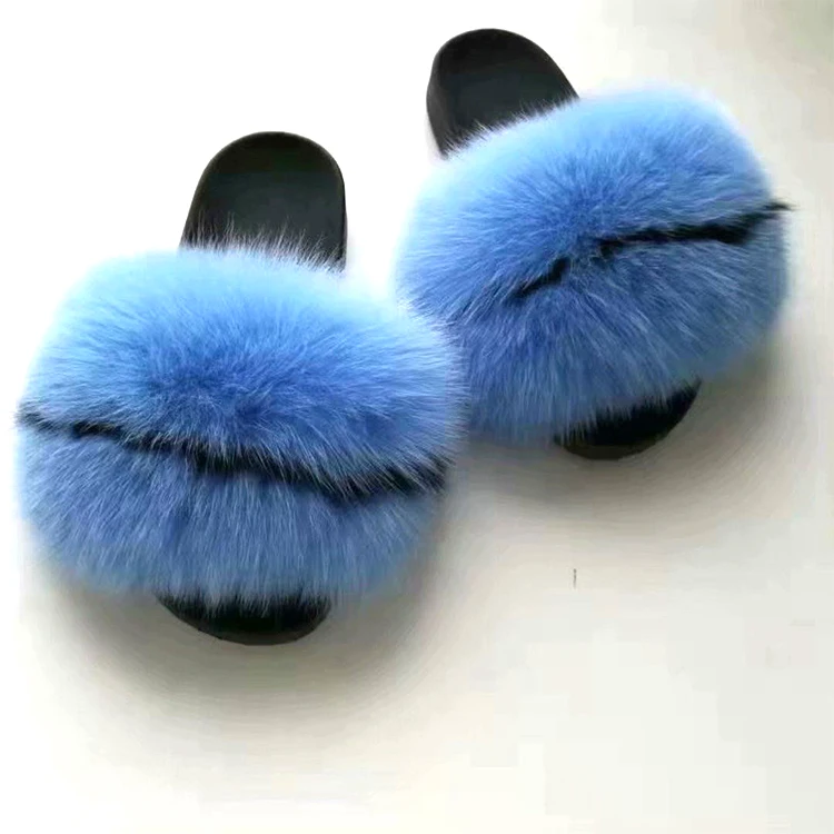 

2021 Fashion trend Real fox slippers slides fluffy slippers fur slides Customized logo PVC sole fur slides, Customized color