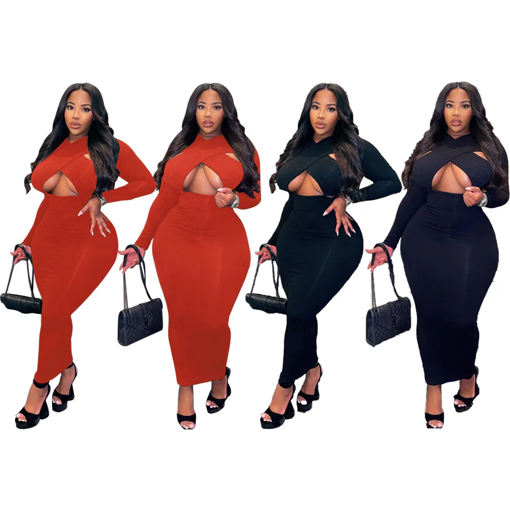 

Latest Women Sexy plus Size Clothes Solid Color Long Casual Fashion Dress