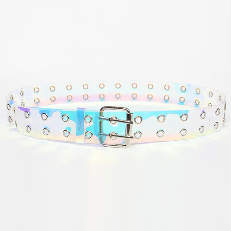 

Double Grommet Belt for Women Goth Punk Studded Eyelet Belt PVC Transparent Clear Holographic Waist Belt, As pic