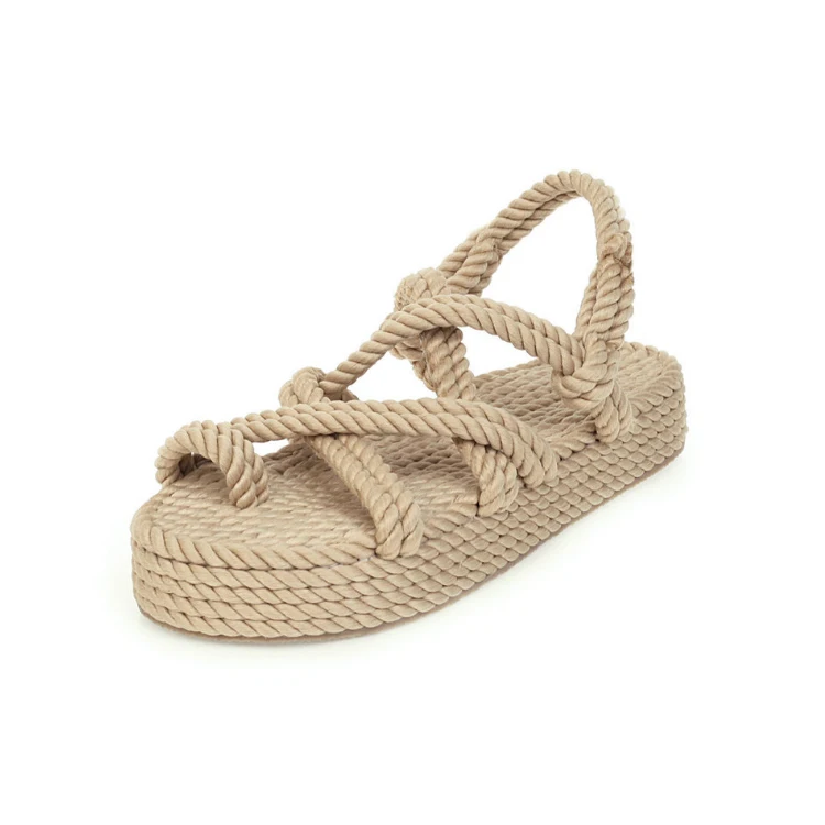 

New Style Crossover Strap Straw Rope Flat Shoes Gladiator Sandal Women's Sandals, Black and beige