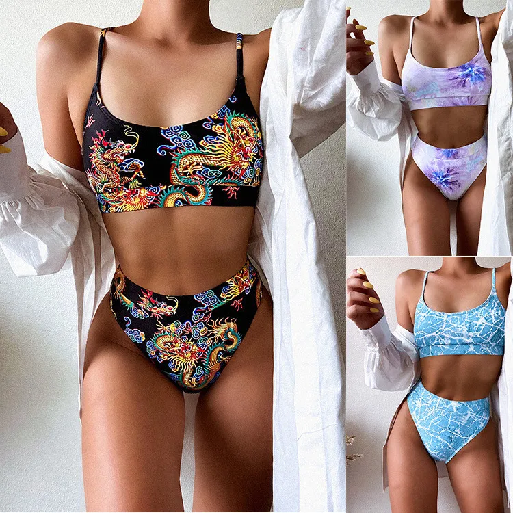 

Sexy Two Piece Bikinis Woman Swimwear Tie Dye Dragon Print Womens Swimsuits