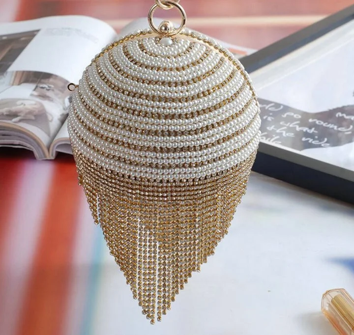 

Luxury Diamond Tassel Beaded Clutch Bags Women Full Pearl Wedding Party Handbag CrossBody Purse Round Ball Shaped Evening Bag, Gloden, silver